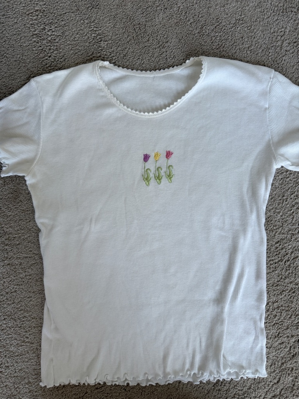 Girls' White Ribbed Tee with Pastel Floral Embroidery